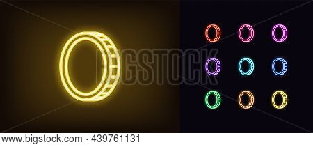 Outline Neon Coin Icon. Glowing Neon Coin Sign, Token Pictogram In Vivid Colors. Money And Currency,