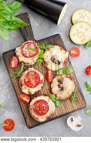 Eggplant Pizza With Tomatoes Sauce, Mozzarella, Mushrooms And Fresh Basil. Vegetarian Dish. Selectiv