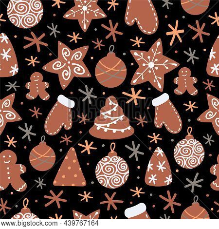 Christmas Seamless Pattern With Gingerbread, Snow, Mitterns, Stars And Tree On Black Background. Vec