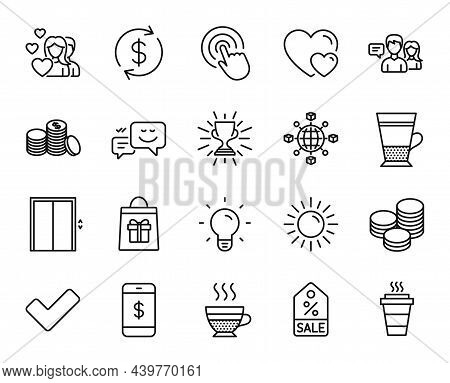 Vector Set Of Happy Emotion, Click And Trophy Line Icons Set. Holidays Shopping, Sun And Hearts Icon