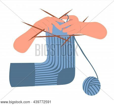 The Process Of Knitting A Sock On 5 Knitting Needles. Hands Holds Knitting Needles. Modern Illustrat