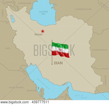 Highly Detailed Iranian Map With Flag And Labelings. Editable Gray Map Of Iran With Region Borders, 