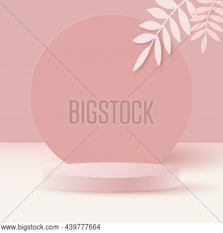 Minimalistic Stage With A Round Podium. A Cylindrical Podium Against A Background Of Soft Postel Ton