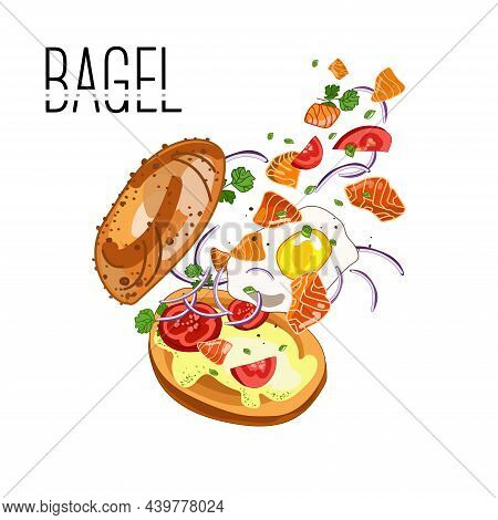 Fresh Bagel Sandwich With Salmon Fillet, Tomatoes, Avocado Cream, Egg And Onion. Vector