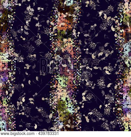 Exotic Multicoloured Boho Stripe Line Print. Seamless Autumnal Dark Ground Detailed Repeat Pattern. 