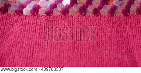 Pink Woolen Natural Texture Background With Decor, Knitted Textile Background