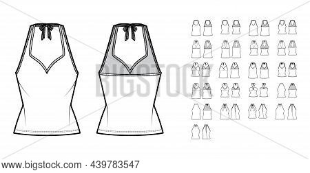 Set Of Tops Halterneck, Shirts, Tanks, Blouses Technical Fashion Illustration With Fitted Oversized 