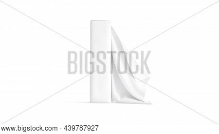 Blank White Folded Fabric Roll Mockup Stand, Front View, 3d Rendering. Empty Rolled Tissue Or Textil