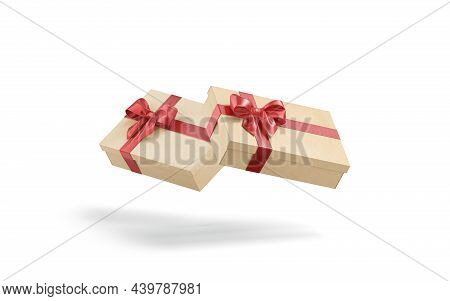 Blank Craft Gift Box With Red Ribbon Bow Mockup, Isolated, 3d Rendering. Empty Flat Unexpected Prese