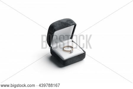 Blank Black Box With Gold Diamond Ring Lying Mockup, Isolated, 3d Rendering. Empty Velvet Pack With 