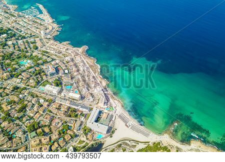 Cityscape And Beach Drone Landscape Panorama Can Picafort Mallorca Spain.