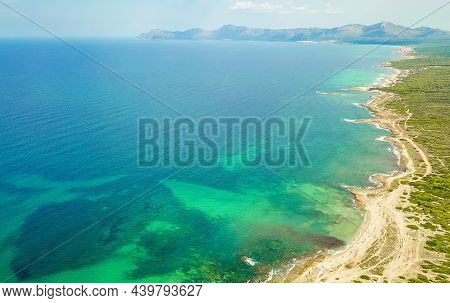 Beautiful Coast Beach Drone Landscape Panorama Can Picafort Mallorca Spain.