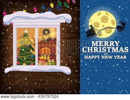 Merry Chrismas, Window, Night Moon, Santa With Sleigh, Decoraions Garland Retro, Living Room Christm