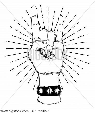 Rock And Roll Sign. Hand Drawn Illustration Of Human Hand Showing Sign Of The Horns.