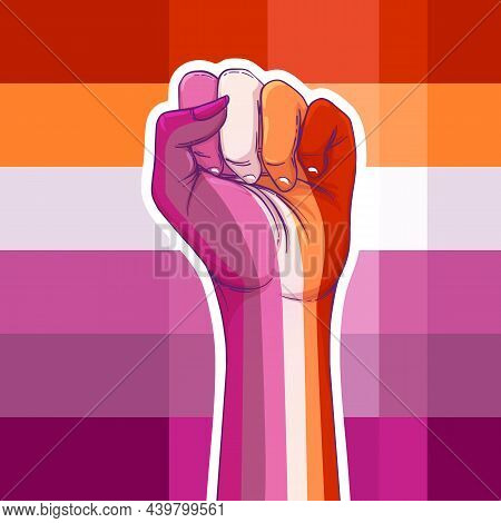 Lesbian Community Poster Design. Striped Fist Rased Up. Gay Pride. Lgbtq Concept. Isolated Vector Co