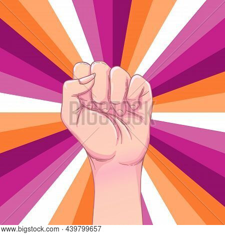 Lesbian Community Poster Design. Striped Fist Rased Up. Gay Pride. Lgbtq Concept. Isolated Vector Co