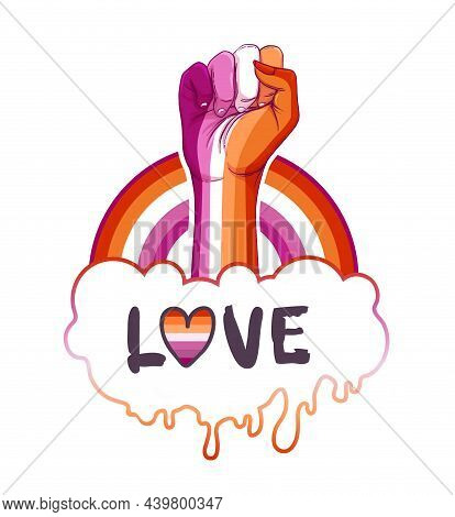 Lesbian Community Poster Design. Striped Fist Rased Up. Gay Pride. Lgbtq Concept. Isolated Vector Co