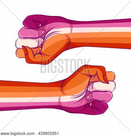Lesbian Community Poster Design. Striped Fist Rased Up. Gay Pride. Lgbtq Concept. Isolated Vector Co
