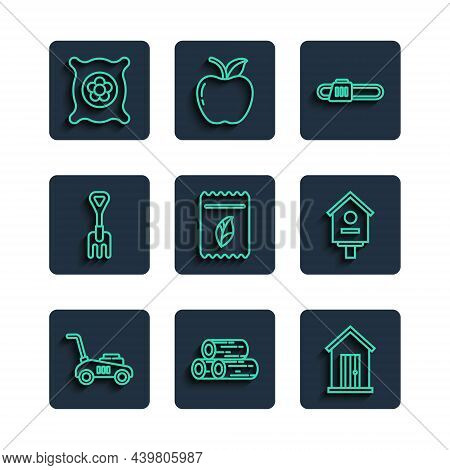 Set Line Lawn Mower, Wooden Logs, Farm House, Chainsaw, Pack Full Of Seeds Of Plant, Garden Rake, An