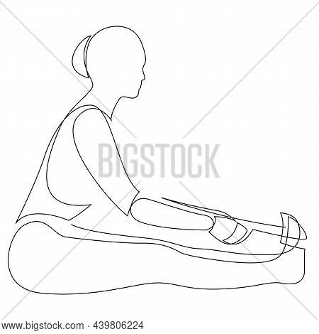 Continuous Line Drawing Of Woman Doing Yoga In Seated Forward Pose With A Strap. Stretching Body Con