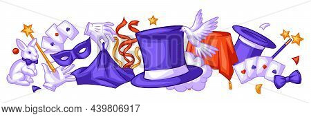 Magician Background With Magic Items. Illusionist Show Or Performance Banner. Cartoon Style Illustra
