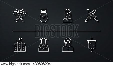 Set Line Crossed Medieval Axes, Castle, Fortress, Sword, Monk, Joker Head, Old Money Bag, Medieval F