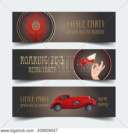 Art Deco Banner Set. Female Hand Holding Cocktail Glass With Splash. Vintage Invitation Template Des