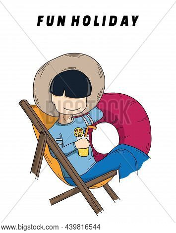 The Illustration Vector Of Fun Holiday, Sitting On The Beach And Drinking Fresh Juice.