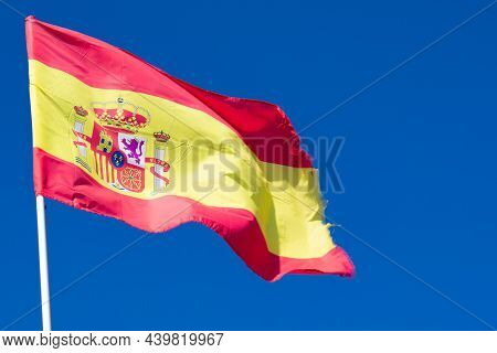 Close Up View Of The Spanish National Flag  Low Angle Shot  Landscape Aspect View With Copy Space