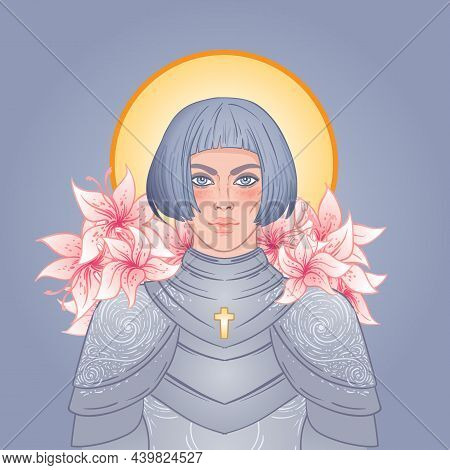 Portrait Of Beautiful Girl With A Sword. Female Knight In Armour. Vector Illustration. Medieval Aest