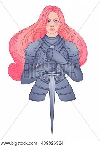 .portrait Of Beautiful Girl With A Sword. Female Knight In Armour. Vector Illustration. Medieval Aes