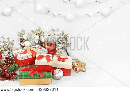 Christmas Frame Made Of Decorations, Fir Branches And Gift Boxes With Place For Text, New Year Sale,