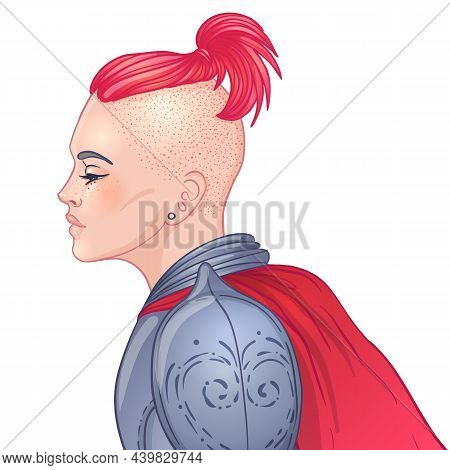 Portrait Of Beautiful Girl With A Sword. Female Knight In Armour. Vector Illustration. Medieval Aest