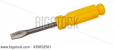 Toy screwdriver isolated on white background. Childhood toys concept. Plastic working utensils