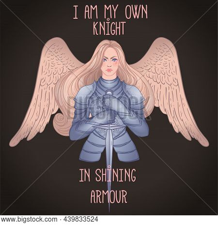 .portrait Of Beautiful Girl With Archangel Wings. Female Knight In Armour And Sword. Vector Isolated