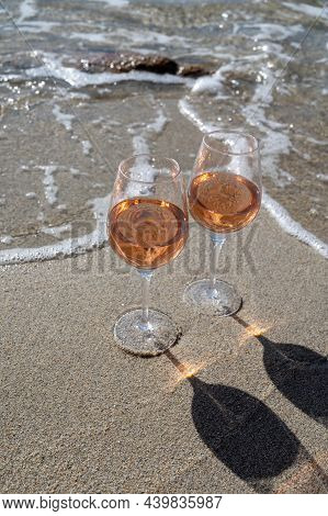 Summer Time In Provence, Two Glasses Of Cold Rose Wine On Sandy Beach Near Saint-tropez, Var Departm