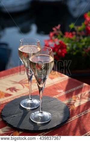 Romantic Wedding Party With Two Glasses Of White Cold Champagne And View On Yachts And Houses Of Por
