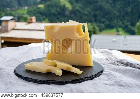Cheese Collection, French Cow Cheese Emmental And French Mountains Village In Haute-savoie On Backgr
