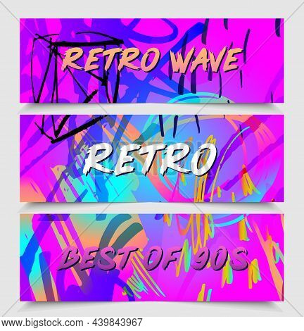 Retro Futurism Flyer Set. Vector Futuristic Synth Wave Illustration. 80s Retro Poster Background. Go