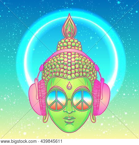 Peace And Love. Colorful Buddha In Rainbow Glasses Listening To The Music In Headphones. Vector Illu