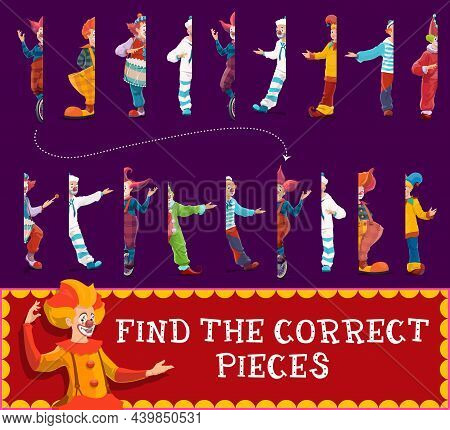 Half Pieces Kids Game With Circus Clowns. Education Puzzle, Matching Maze, Riddle Or Attention Test,