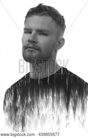 A creative black and white portrait of a man with glitch effect. Double exposure.