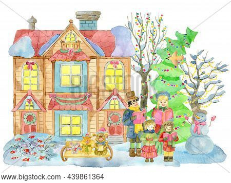 Watercolor Illustration With Family Singing Christmas Carols, Funny Animal, Beautiful Vintage Houses
