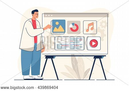 Content Manager Concept For Web Banner. Man Fills Site With Video, Audio And Graphic Content And Ana