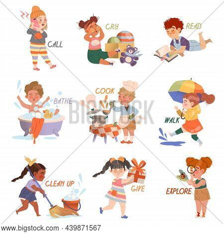 Cute Kids Doing Different Activities Set. Verbs Expressing Action Cartoon Vector Illustration