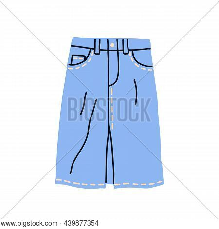 Denim Midi Skirt. Fashion Women Jeans Clothes With Pockets And Stitches. Modern Casual Apparel Item.