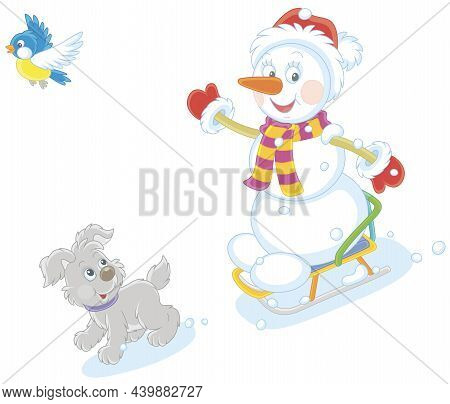 Happy Little Snowman And A Merry Small Puppy Cheerfully Sledding Down A Snow Hill On A Playground, V