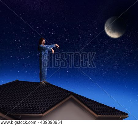 Sleepwalker Wearing Pajamas On Roof In Night