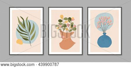 Botanical Wall Art Vector Set. Minimal And Natural Wall Art. Boho Foliage Line Art Drawing With Abst