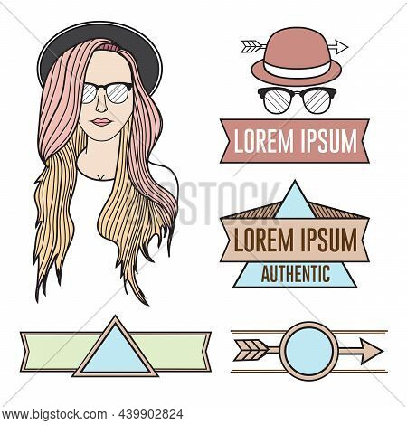 Long Haired Bueatiful Girl And Labels Logos Hipster Set